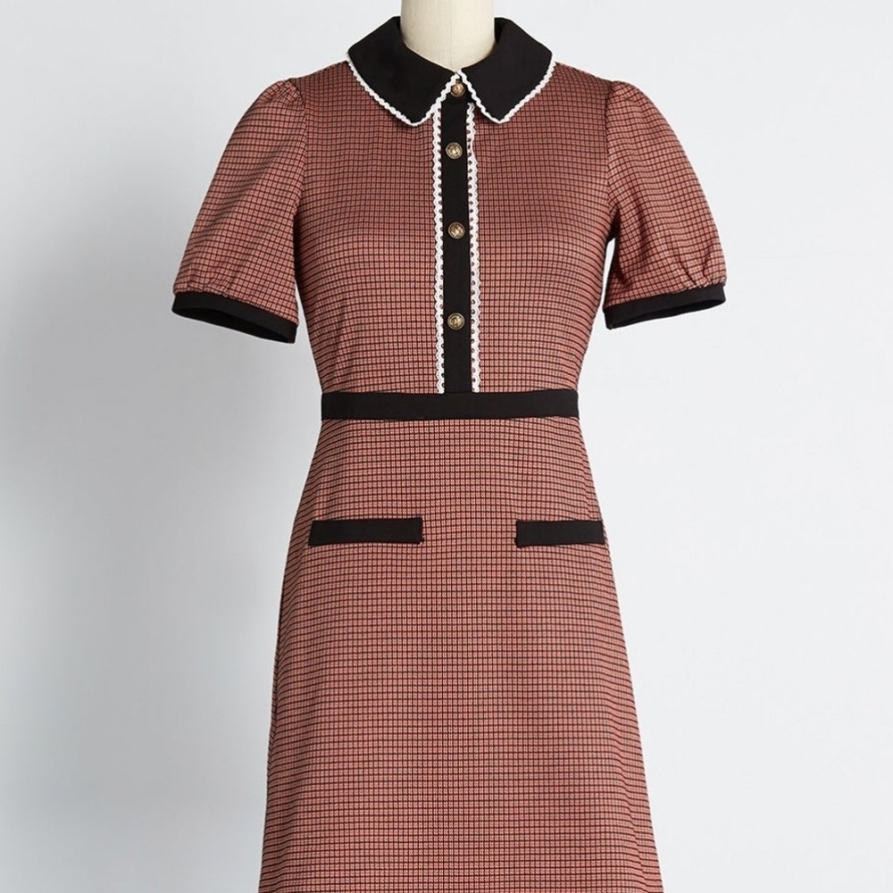 Elegant Checkered Dress with Black Accents